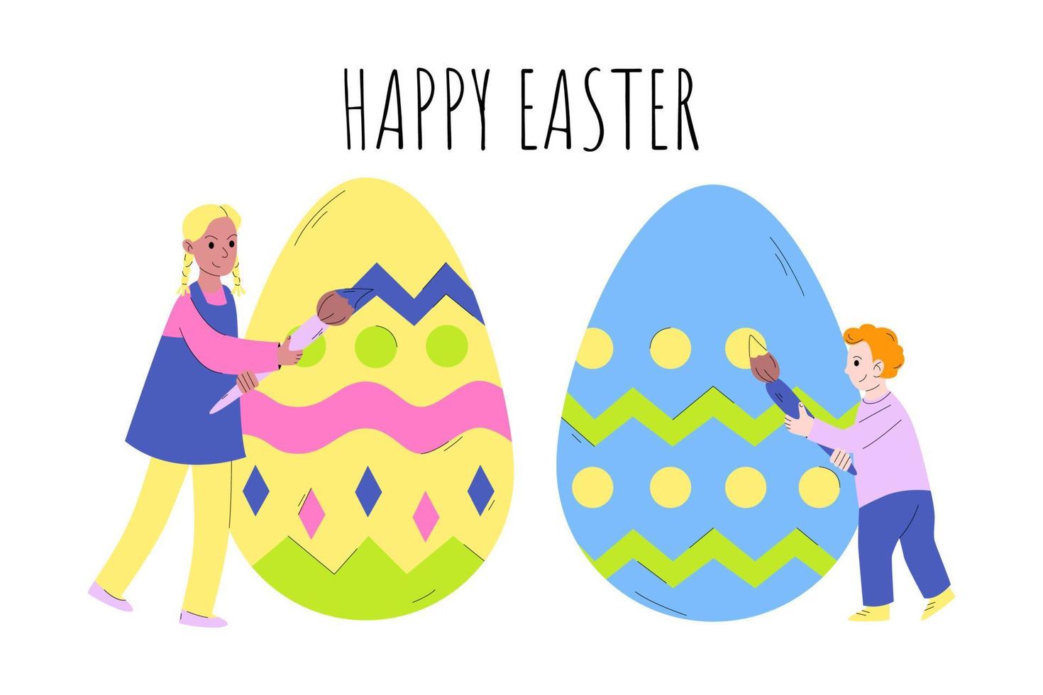 Tiny children paint Easter eggs. Happy Easter. The concept of preparing for Easter, celebrating Easter with the whole family. Vector illustration in cartoon style.