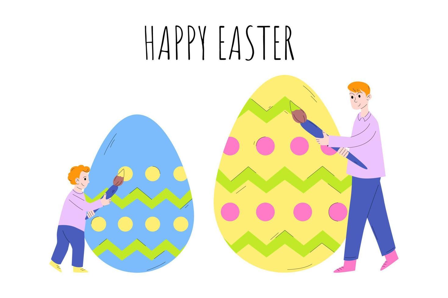 Tiny father and son paint Easter eggs. Happy Easter. The concept of preparing for Easter, celebrating Easter with the whole family. Vector illustration in cartoon style.