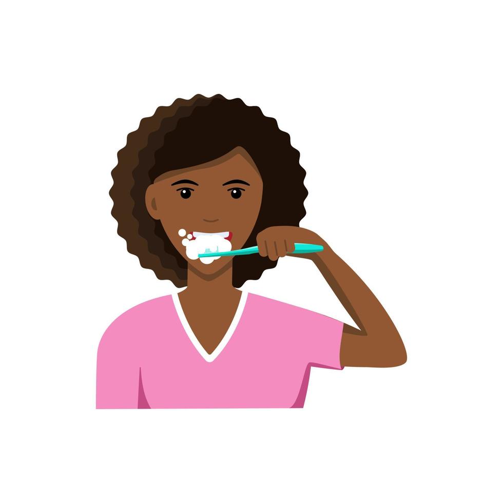 Cute young afroamerican woman brushing her teeth. Oral hygiene and dental procedures concept. Vector illustration in a flat style isolated on a white background.