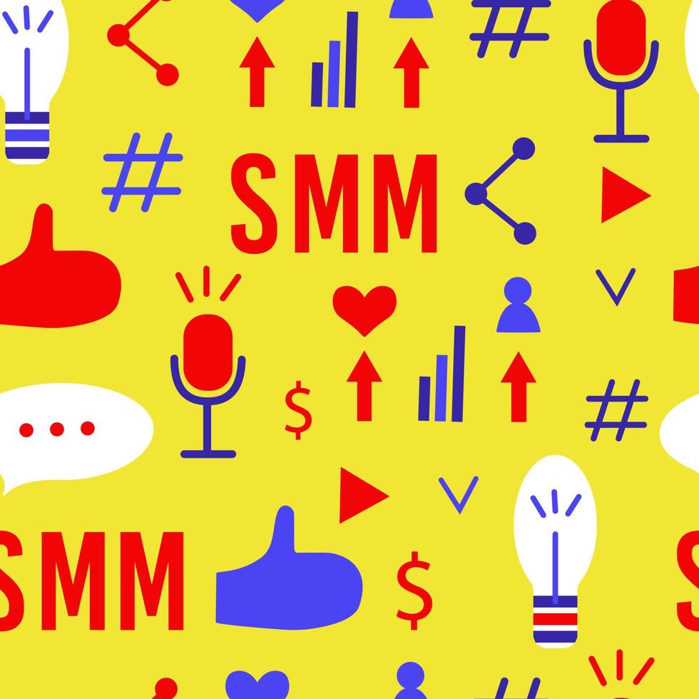Smm and digital promotion symbols. Seamless pattern. Colorful vector illustration in a trending flat style. For website, app, landing web page, banner, poster, background.