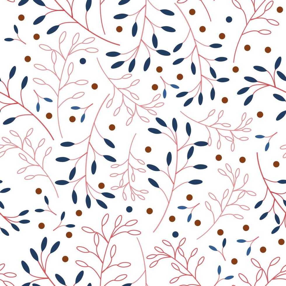 Floral seamless vector pattern consisting of blue and red twigs and orange berries on a on white background. Elegant design for fabric, Wallpaper