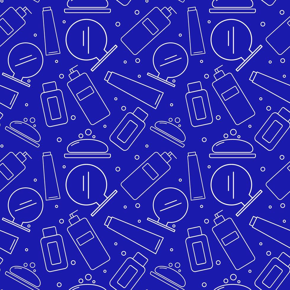 Body care. Seamless pattern. White outline vector icons on a blue background. Hygiene items. Soap, mirror, shampoo, cream and soap bubbles.