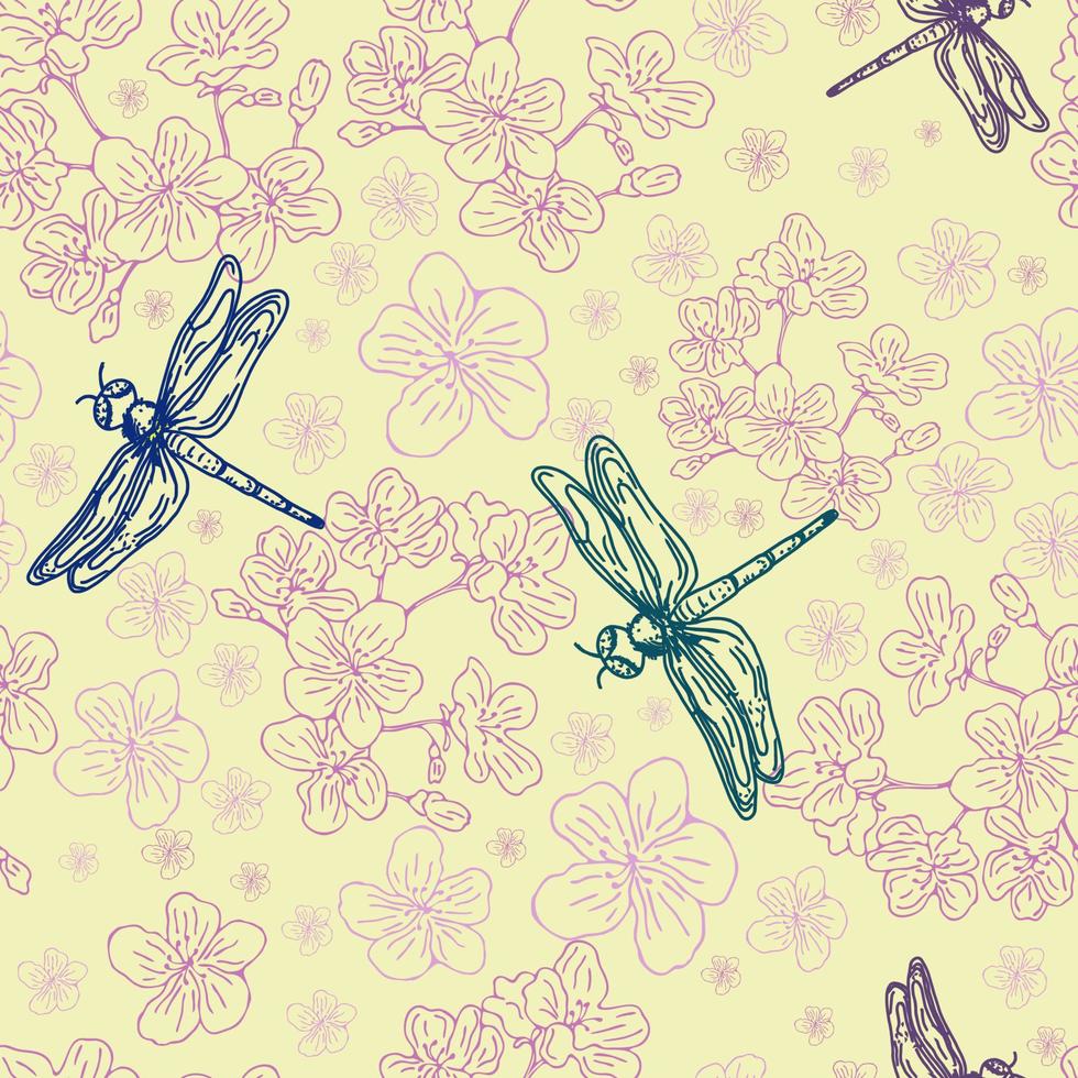 fondo retro dibujado a mano floral. sakura floreciente y libélulas coloridas voladoras. estilo japonés, asiático. patrón transparente de vector. vector