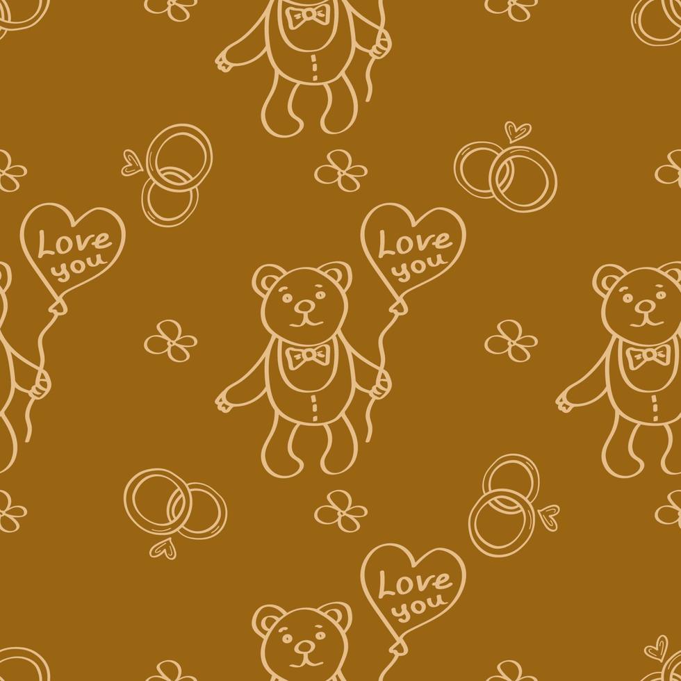 Romantic wedding hand-drawn gold background with cute teddy bear, wedding rings and balloon. Valentines Day doodle seamless pattern. Ideal for wrapping paper, textiles, wallpaper. Vector. vector