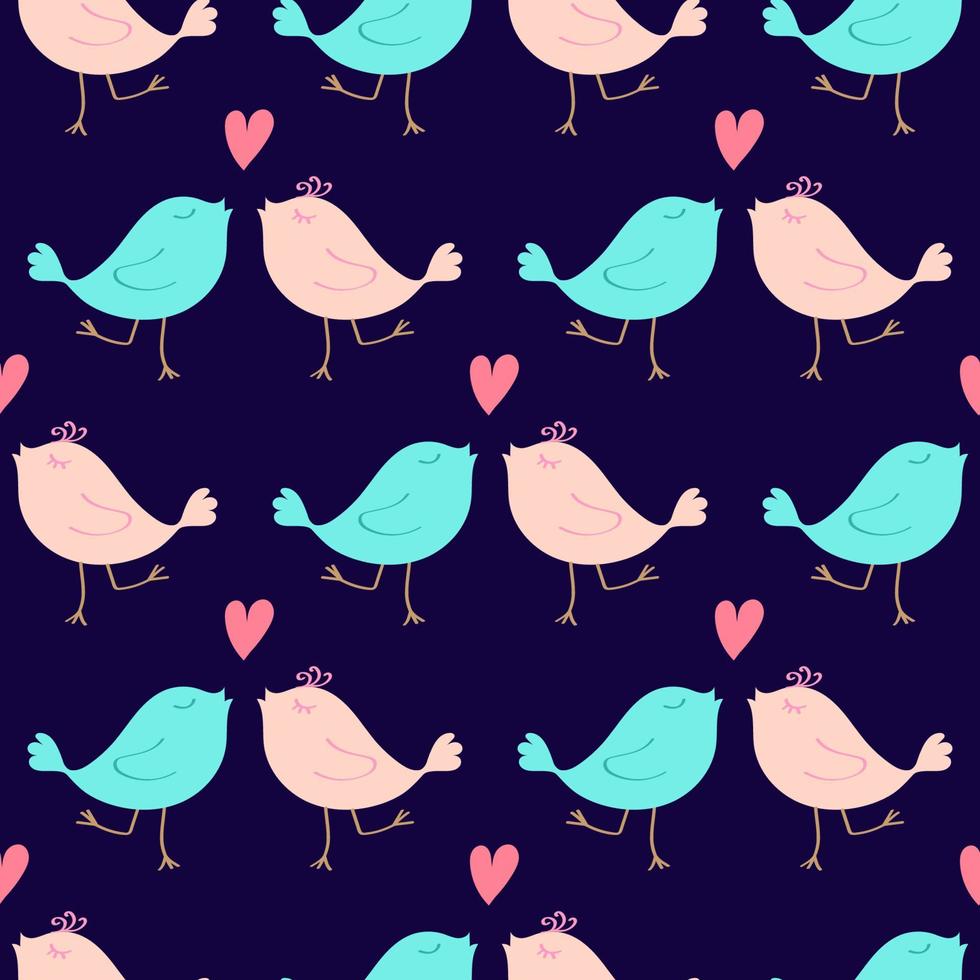Valentines Day doodle seamless pattern. Romantic hand-drawn blue background with lovebirds and heart. Ideal for wrapping paper, textiles, wallpaper, wedding design. Vector illustration.