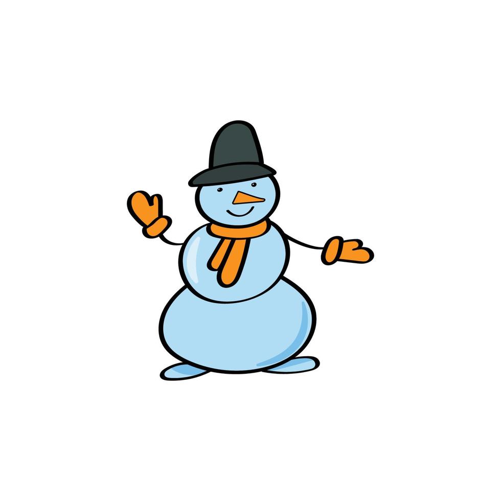 A hand-drawn Christmas snowman. A smiling snowman in the style of doodles. Vector sketch illustration for children isolated on a white background. Christmas design.