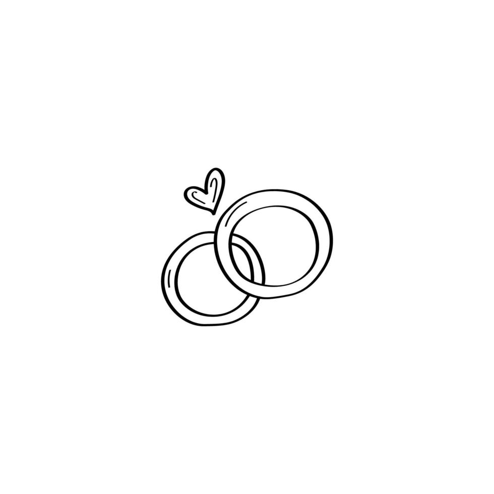 A hand-drawn pair of wedding rings. Wedding rings Doodle illustration. Vector design element for greeting cards, wedding invitations, and Valentines Day. Black outline isolated on a white background.