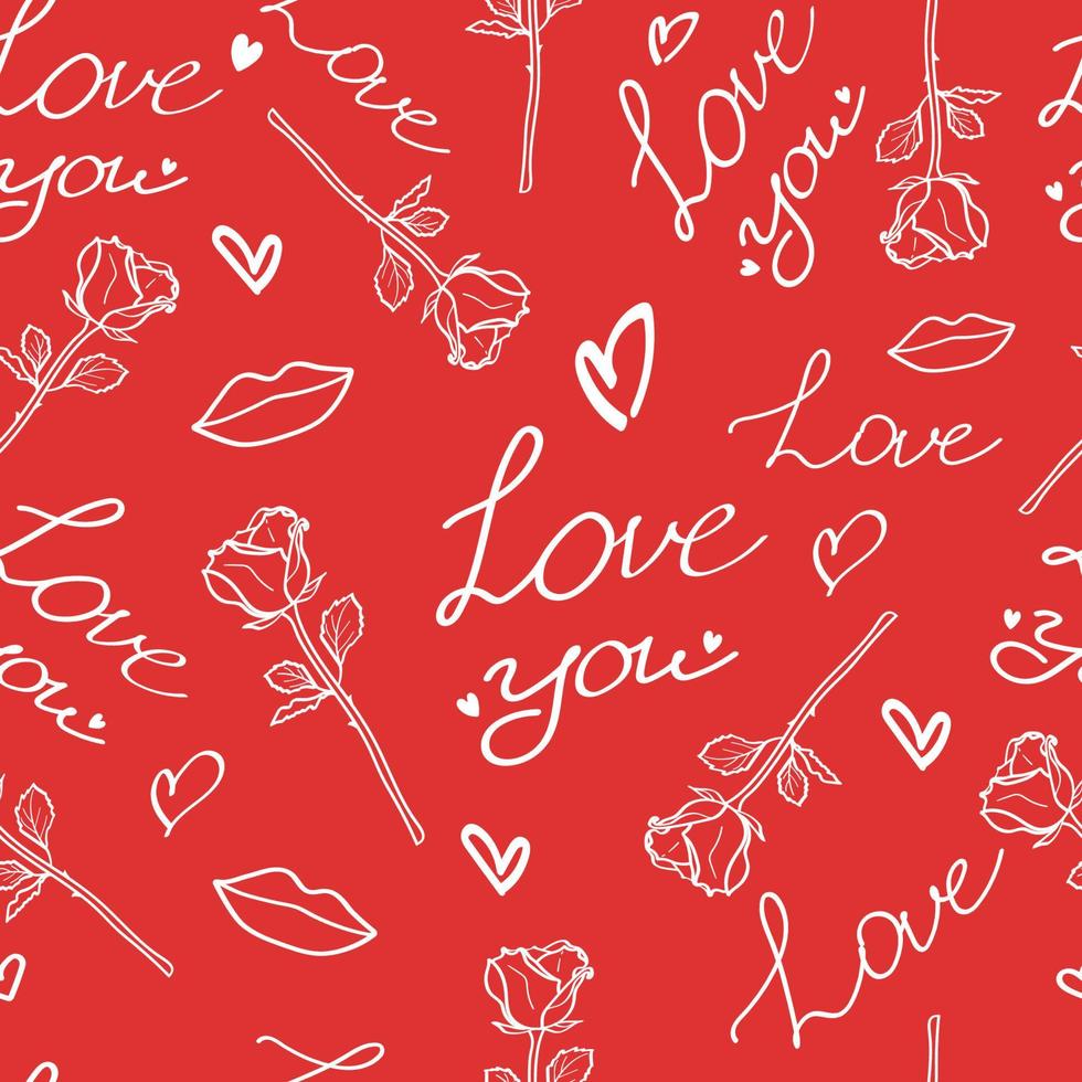 Valentines Day doodle seamless pattern. Romantic hand-drawn red background. Ideal for wrapping paper, textiles, wallpaper, invitation cards, wedding design. Vector illustration.