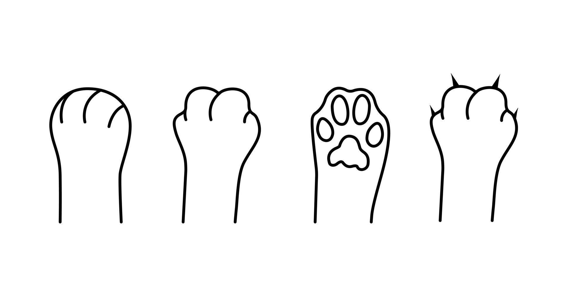 Cat paws. Paws with and without sharp claws. Cute kitten scratches. Home pet. Black outline. Set of vector line icons isolated on white background.