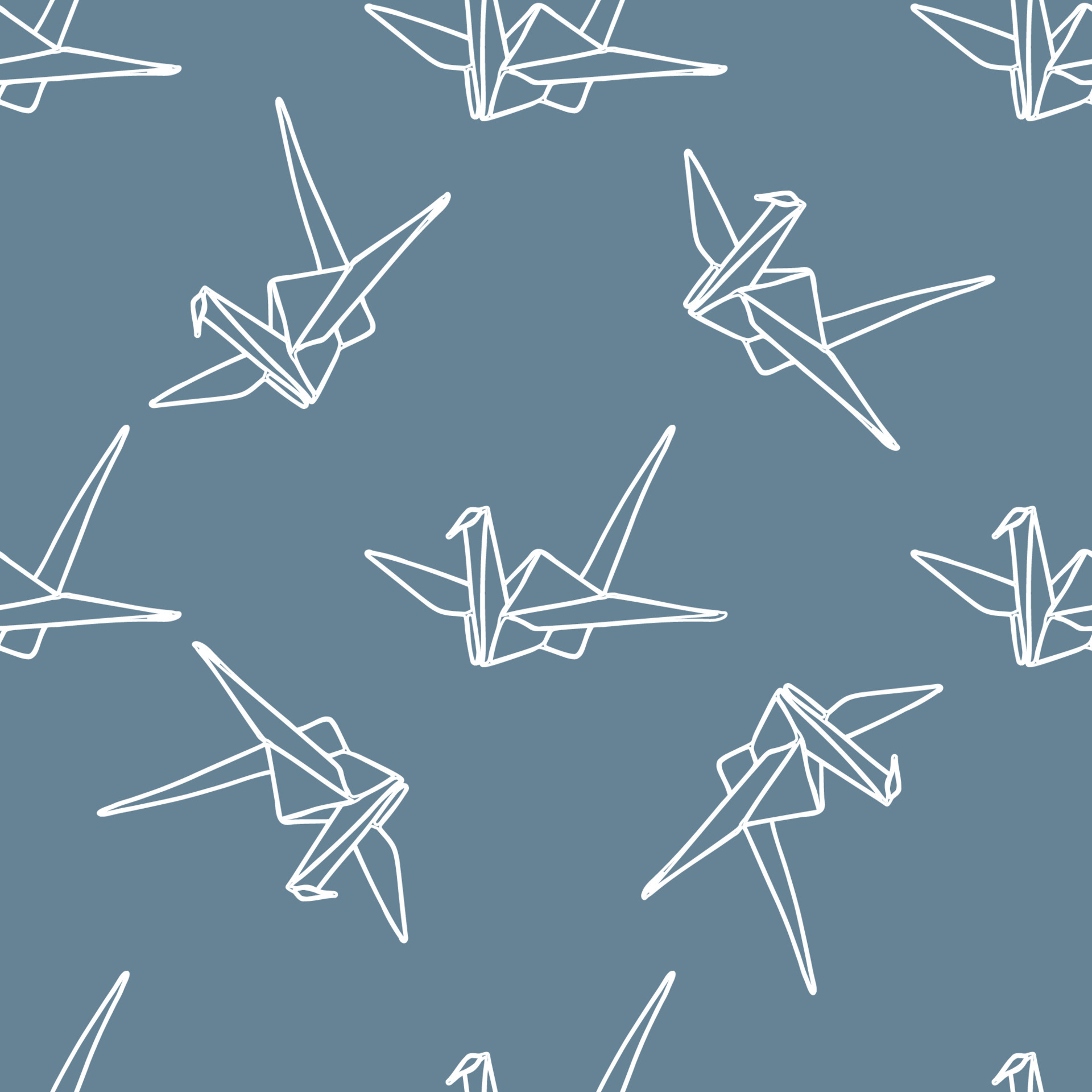 Crane origami seamless pattern. Japanese traditions. White outline on a