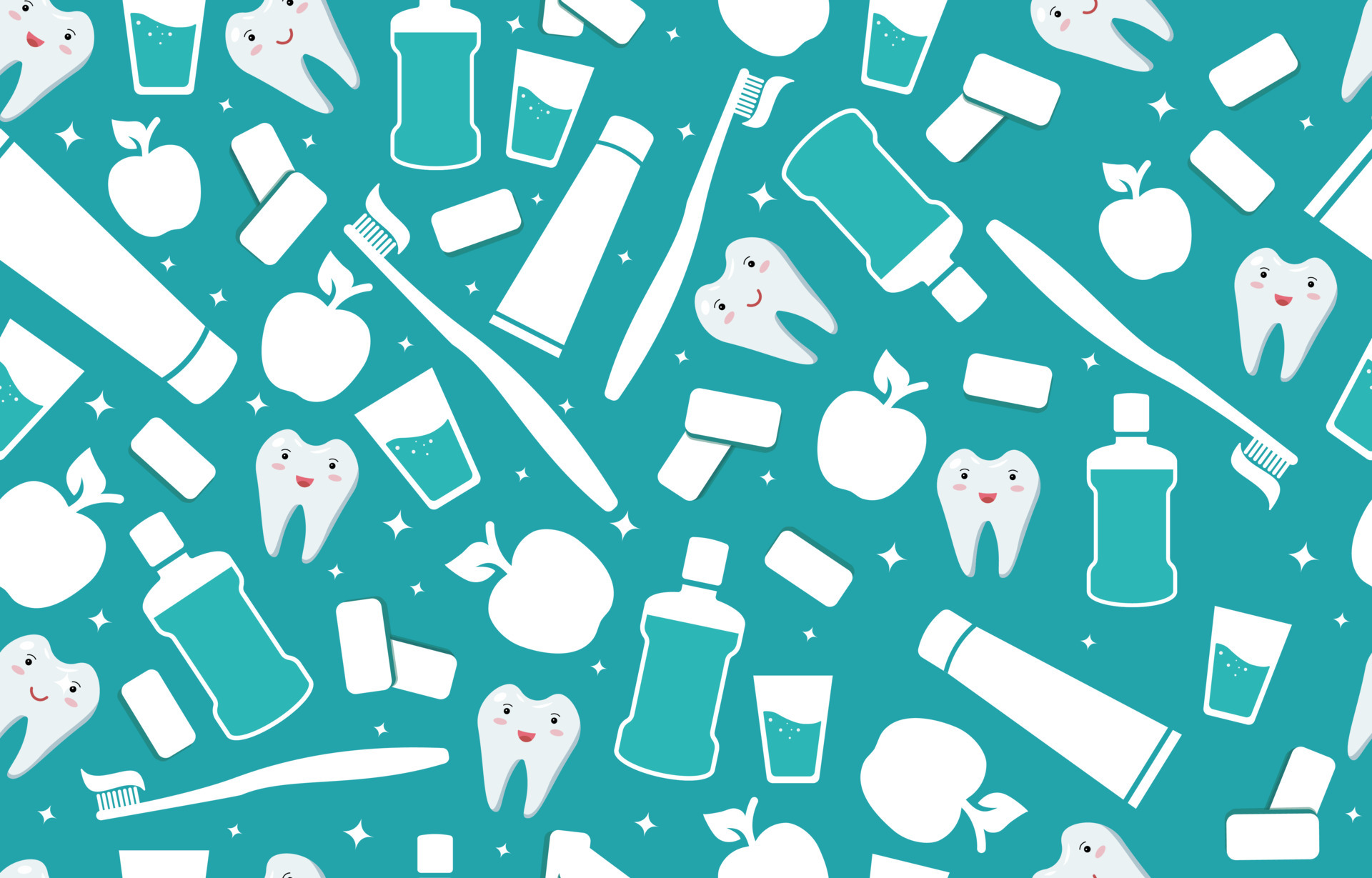 Dental and oral care horizontal background. Items for daily hygiene of the  oral cavity. Mouthwash and toothbrush with paste, Apple, chewing gum, white  healthy teeth. Vector seamless dental pattern. 5272490 Vector Art