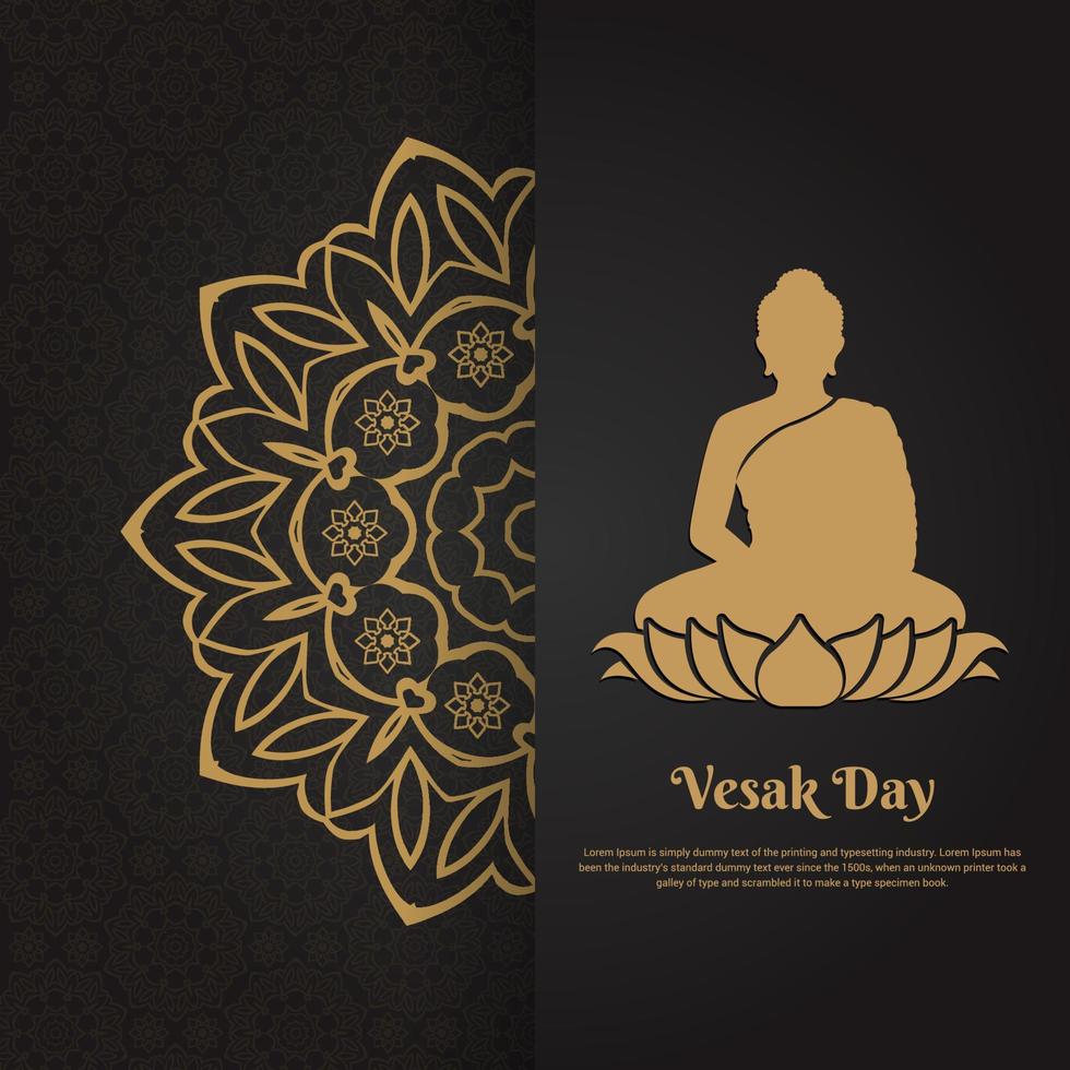 Elegant Vesak Day background with Lord Buddha silhouette and golden mandala. Vesak Day vector illustration