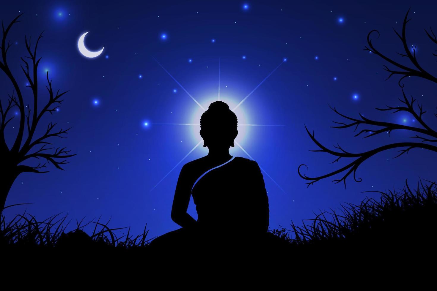 Shinny Lord Buddha with starry night background. Vesak day design with star, Crescent moon and silhouette buddha. vector