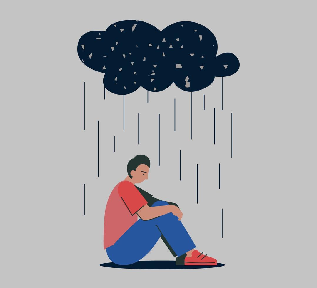 Unhappy depressed sad man in stress with negative emotion problem sitting under rain cloud. Loneliness guy. Alone loser male person depression. Solitude and bad emotions in overcast weather. Vector