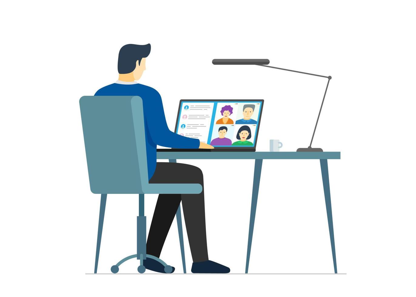 Man and group people on laptop screen taking part web conference. Virtual work meeting and distance education webinar or videoconferencing. Video conferencing and online communication vector concept