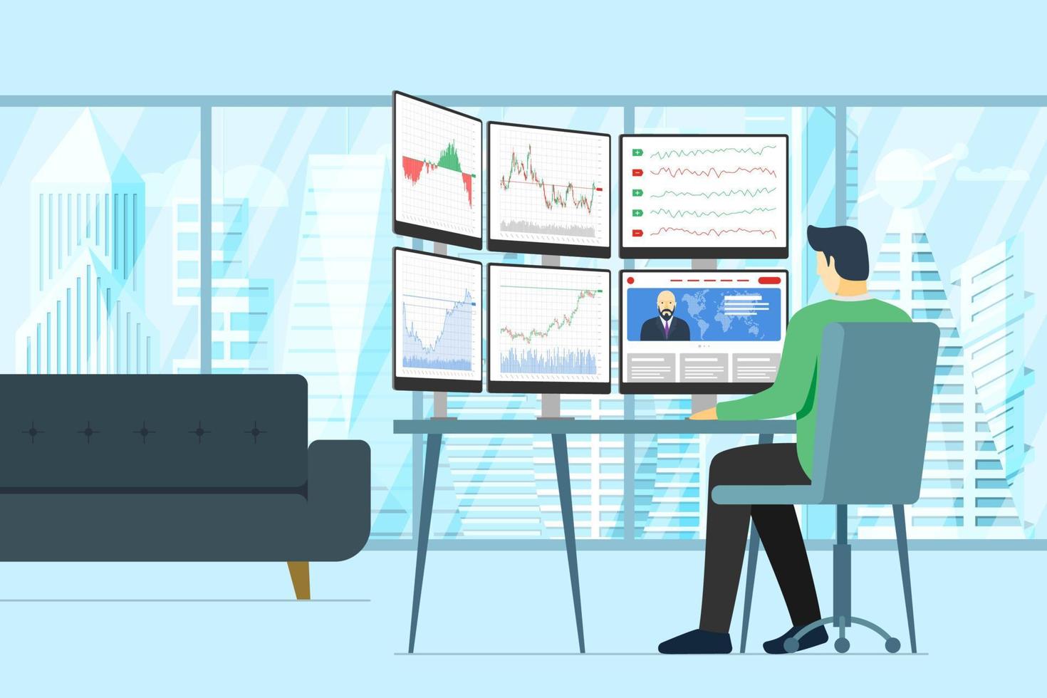 comerciante masculino del mercado de valores en la oficina mirando múltiples pantallas de computadora con gráficos, diagramas y gráficos financieros. concepto de análisis de índice de negocios. hombre corredor intercambio comercio vector eps ilustración