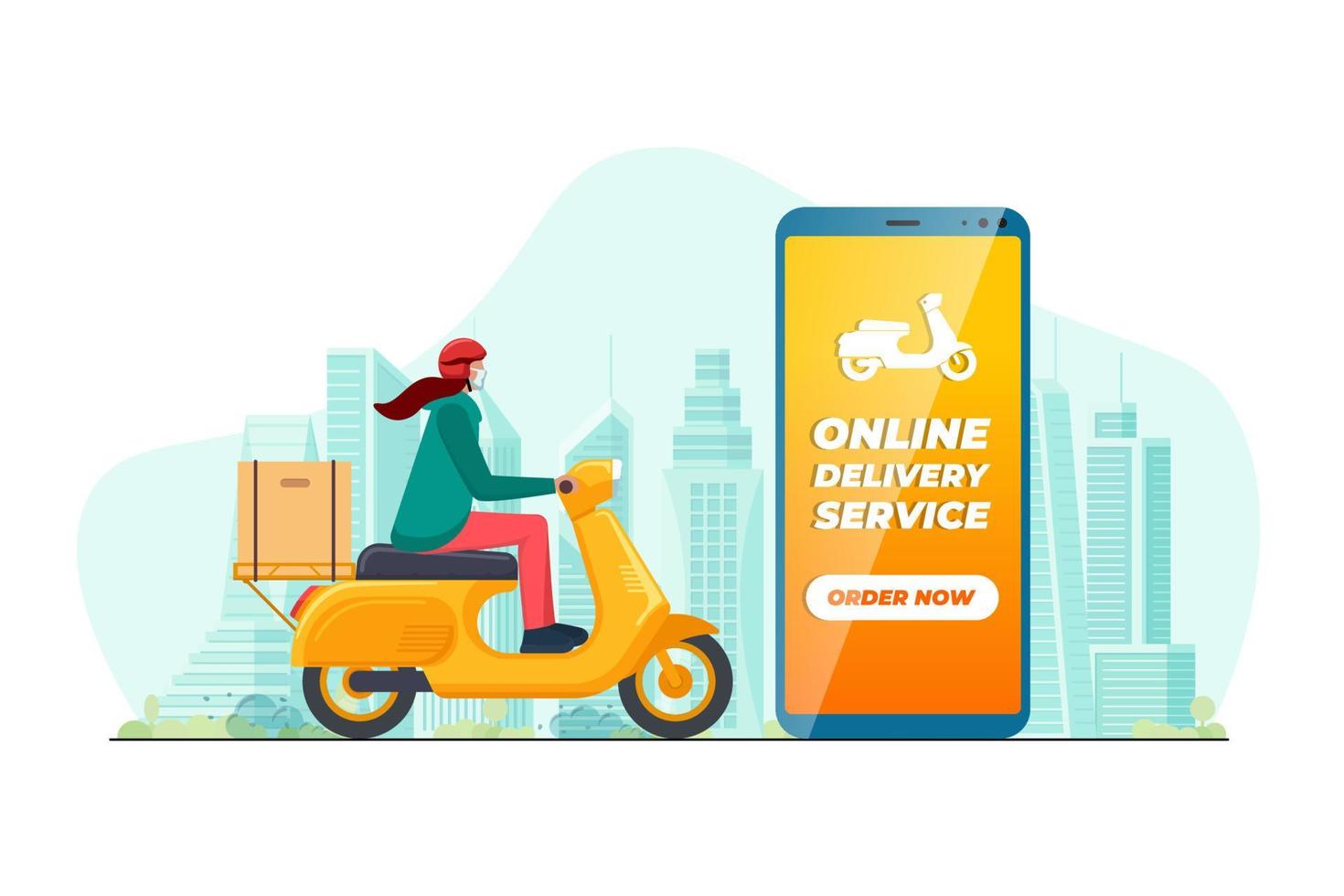 Safe contactless delivery service app concept. Girl courier in motorbike helmet on motor scooter moped delivering package box. Online ordering mobile application on cityscape and location pin. Vector
