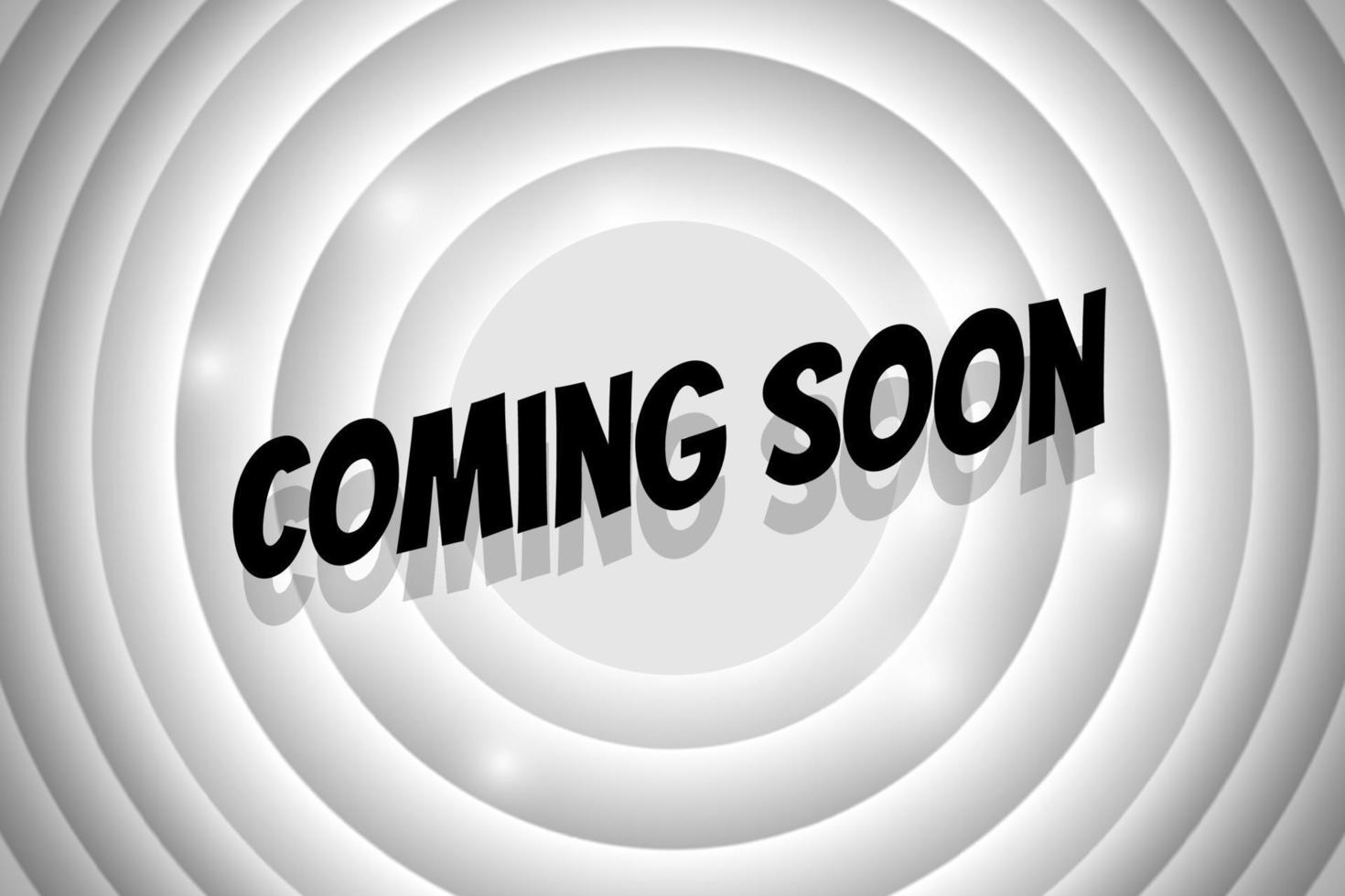Coming soon announcement comic style text on white circle retro cinema screen. Black title on old movie background. Promotion message noir banner. Vector eps illustration
