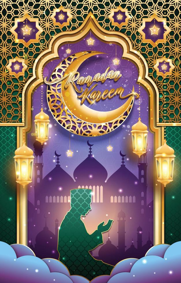 Ramadan Kareem Concept with Silhouette of Muslim Praying vector