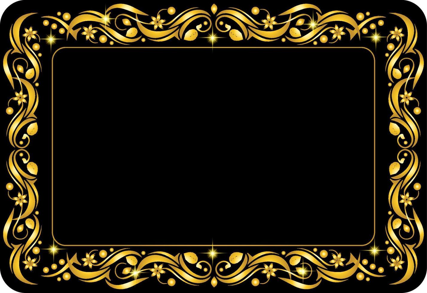 diseño de tarjeta de marco de borde floral dorado con luz de estrellas sobre fondo negro vector