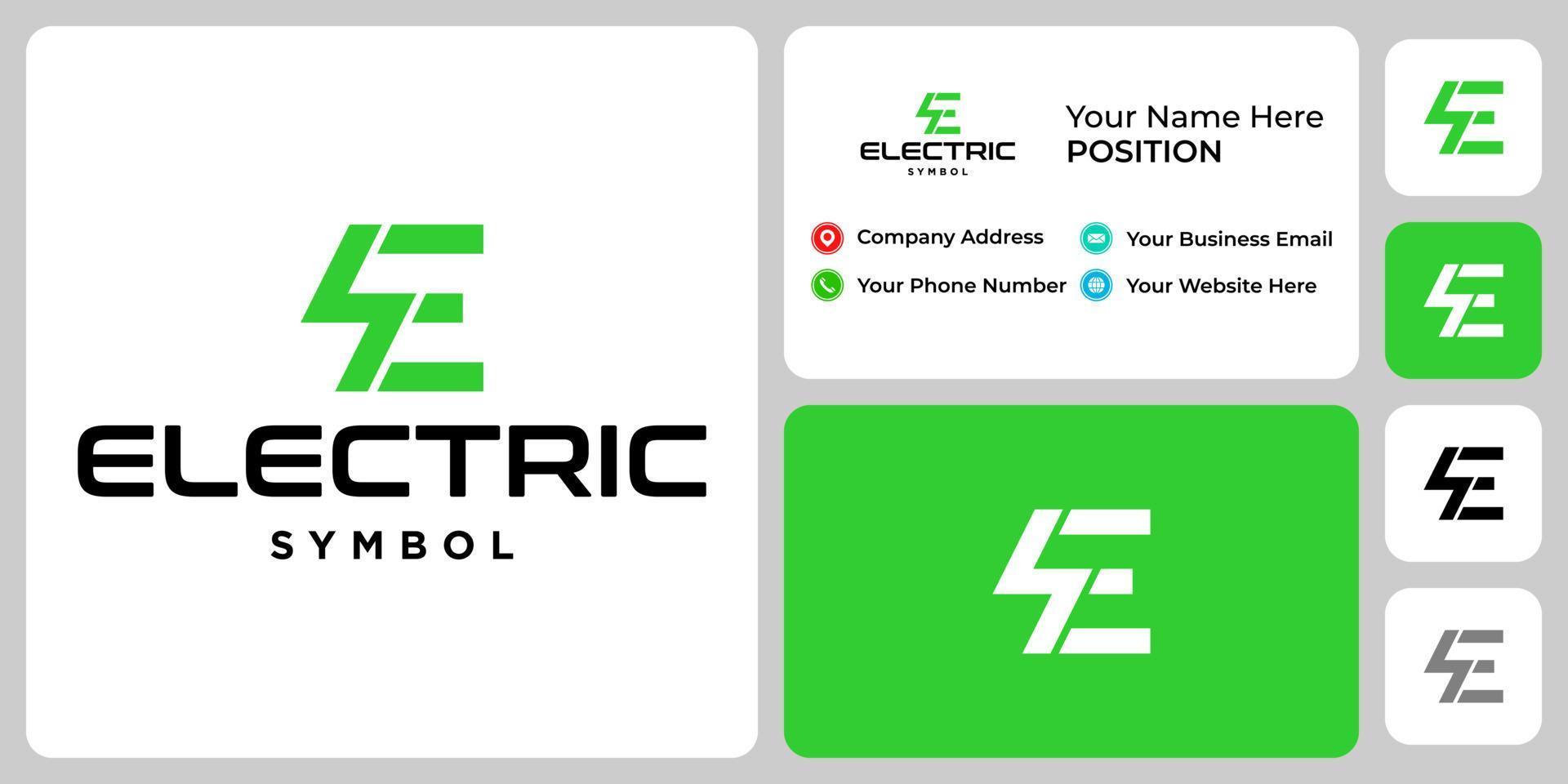 diseño de logotipo eléctrico con monograma de letra e con plantilla de tarjeta de visita. vector