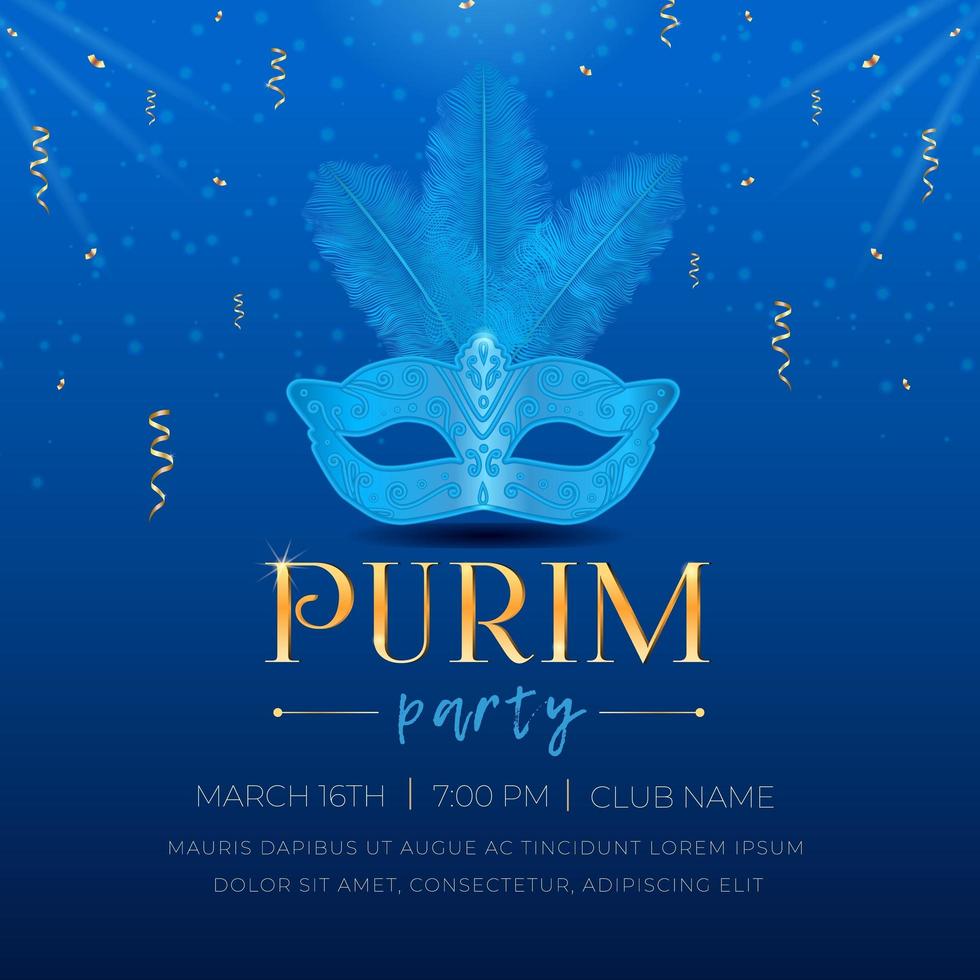 feliz purim, invitación de fiesta de celebración de festividad judía. máscara de carnaval de máscaras con plumas, destellos, serpentina dorada y texto 3d en la ilustración de vector de fondo azul.