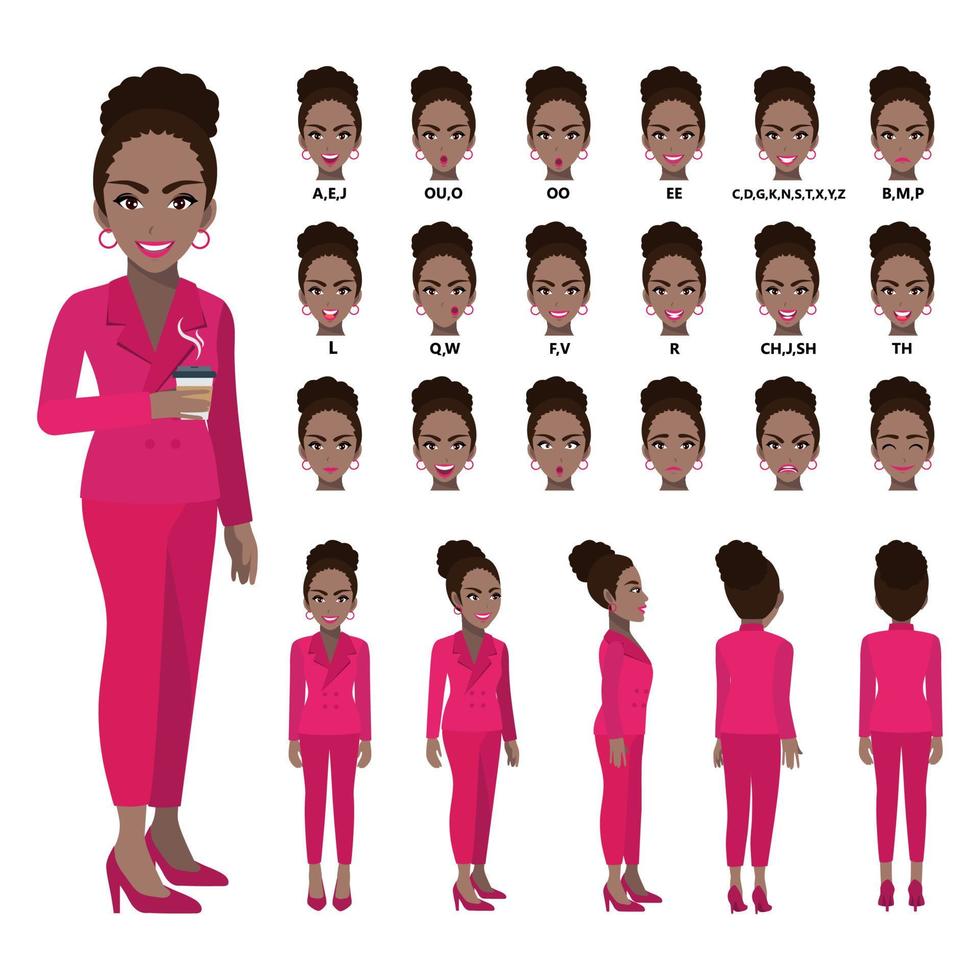 Cartoon character with African American business woman in suit for animation. Front, side, back, 3-4 view character. Separate parts of body. Flat vector illustration.