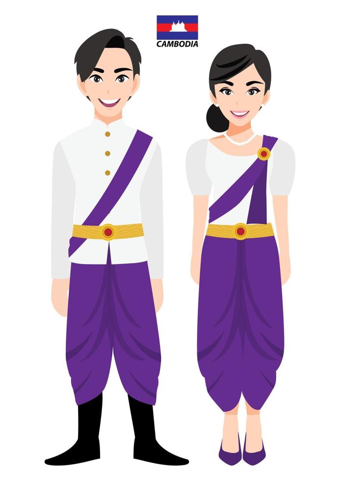 Couple of cartoon characters in Cambodia traditional costume vector