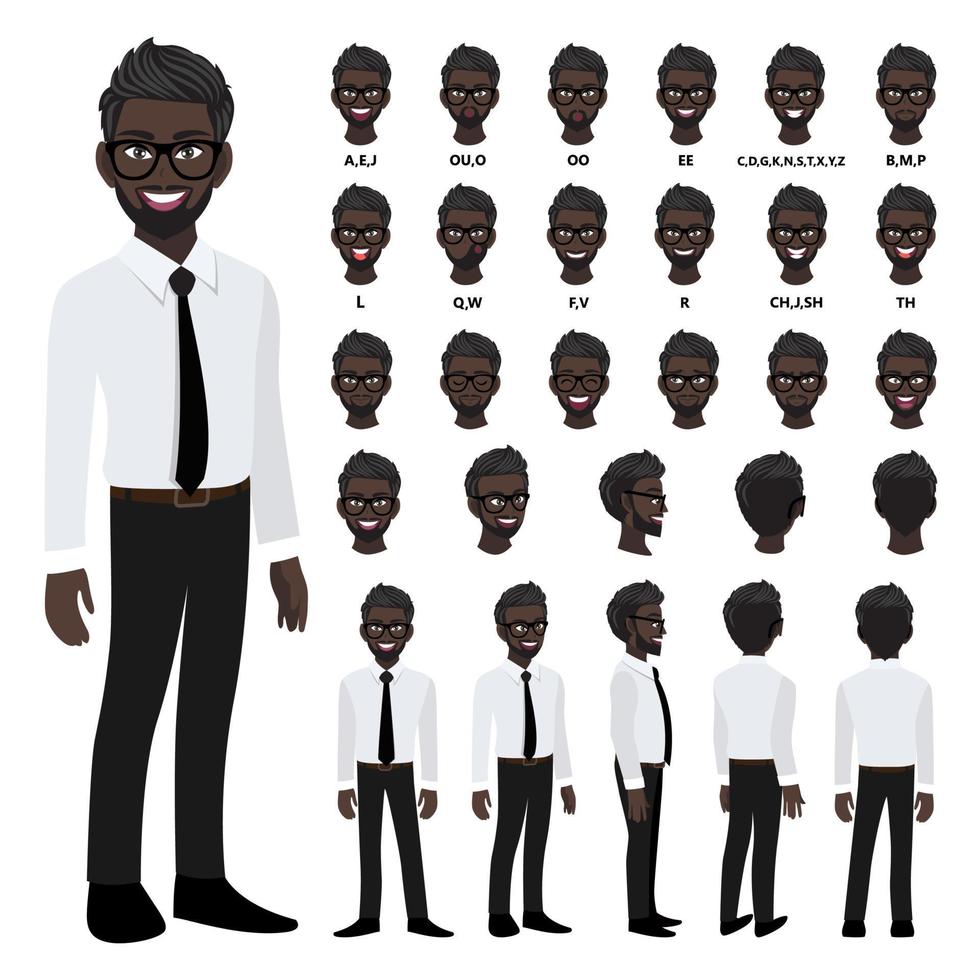 Cartoon character with African American business man in smart shirt for animation. Front, side, back, 3-4 view character. Separate parts of body. Flat vector illustration.