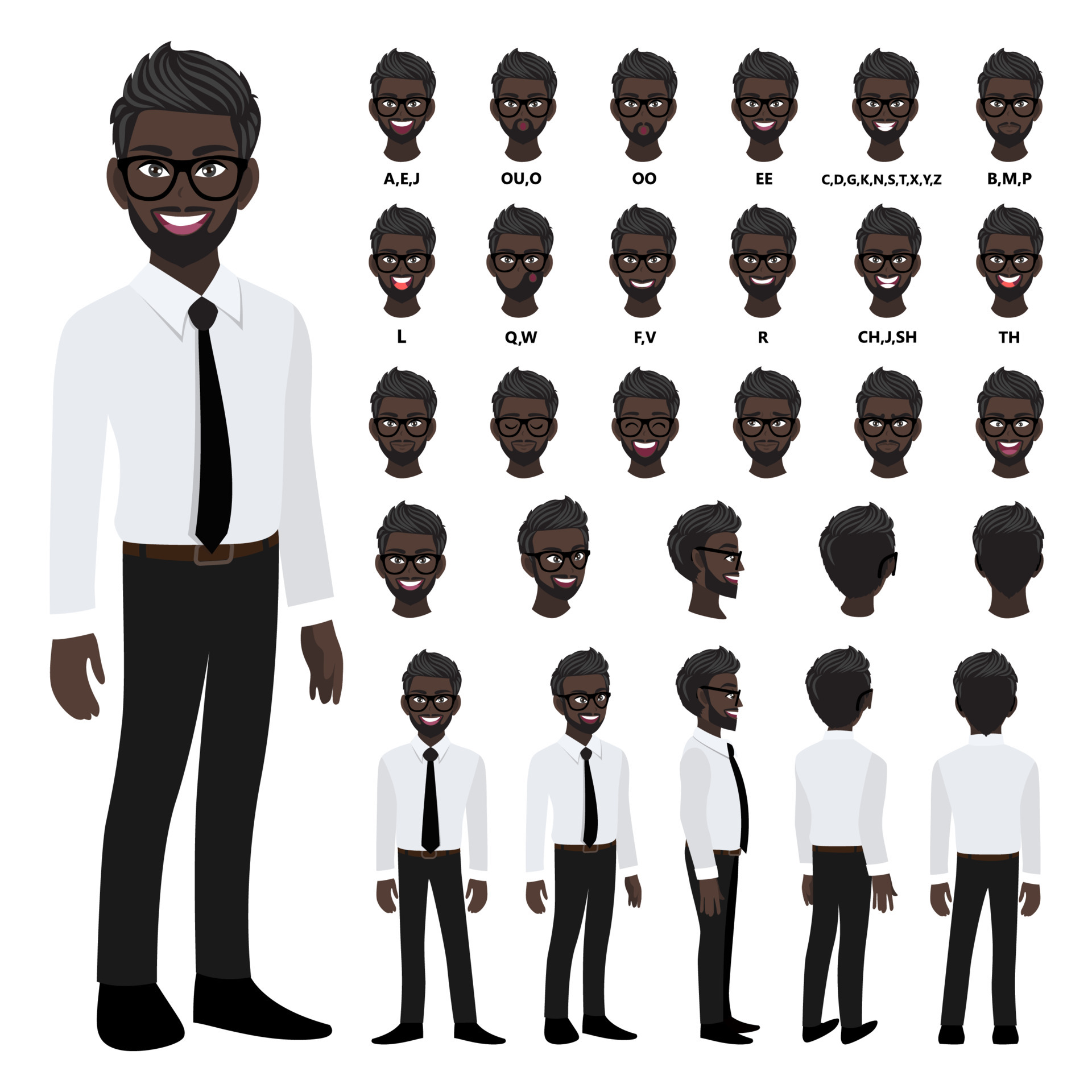 Cartoon character with African American business man in smart shirt for animation. Front, side, back, 3-4 view character. Separate parts of body. Flat vector illustration. 5273055 Vector Art at Vecteezy Cartoon character with African American business man in smart shirt for animation. Front, side, back, 3-4 view character. Separate parts of body. Flat vector illustration. 5273055 Vector Art at Vecteezy
