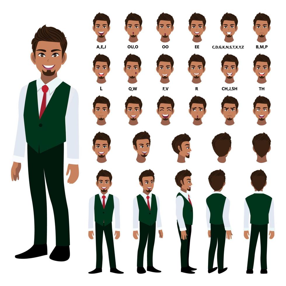 Cartoon character with business man in smart shirt and waistcoat for animation. Front, side, back, 3-4 view character. Separate parts of body. Flat vector illustration. 297