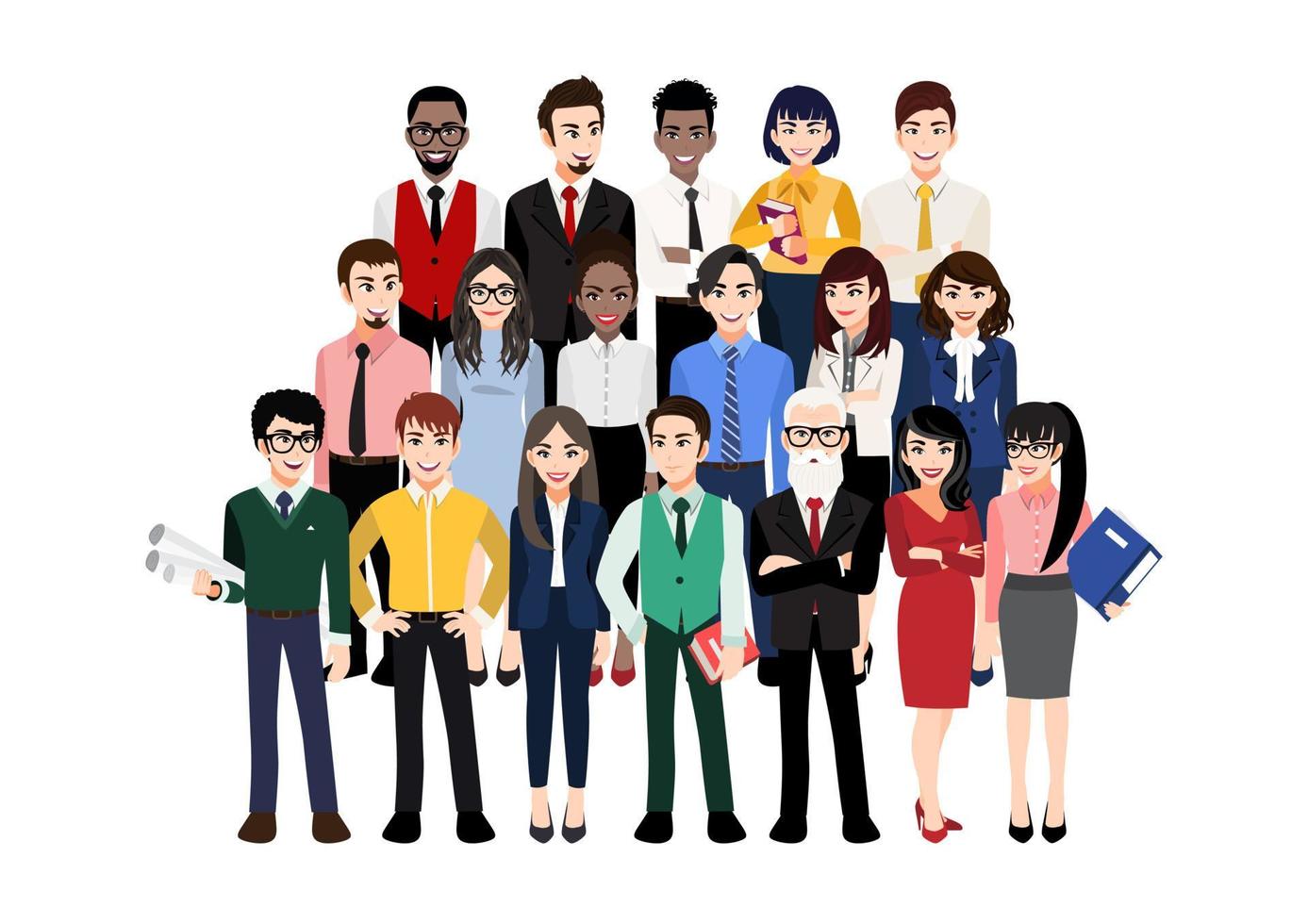 Cartoon character with modern business team. Vector illustration of diverse business people and company members, standing behind each other. Isolated on white.