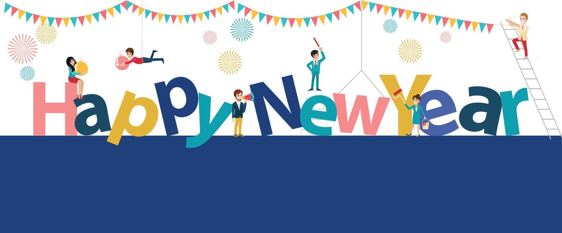 Happy new year banner with cartoon character flat icon style in white background vector 174