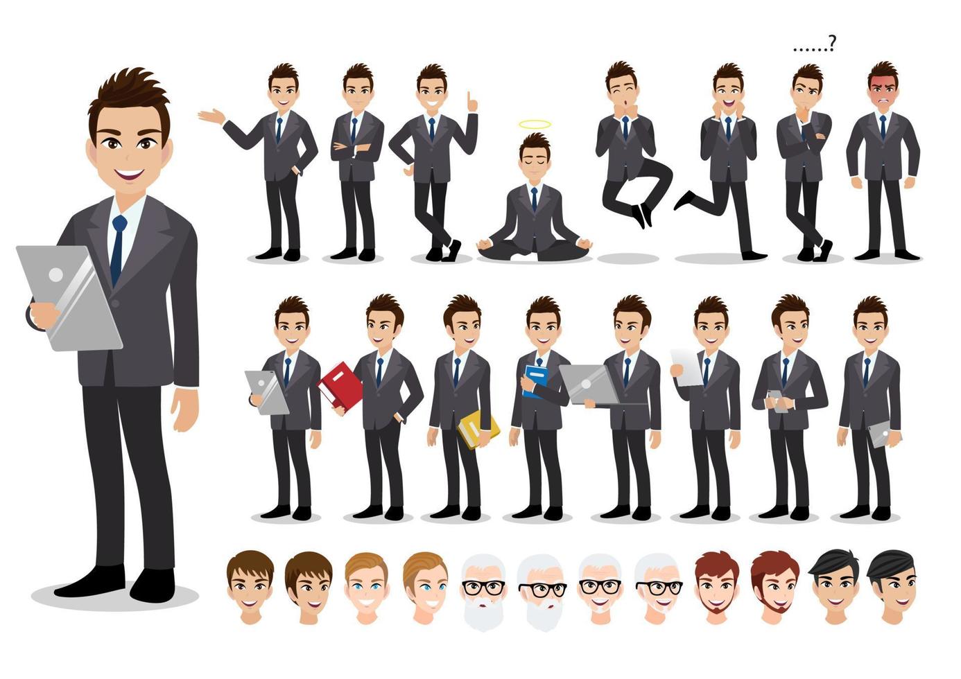 conjunto de personajes de dibujos animados de empresario. apuesto hombre de negocios en traje elegante de estilo de oficina. ilustración vectorial vector