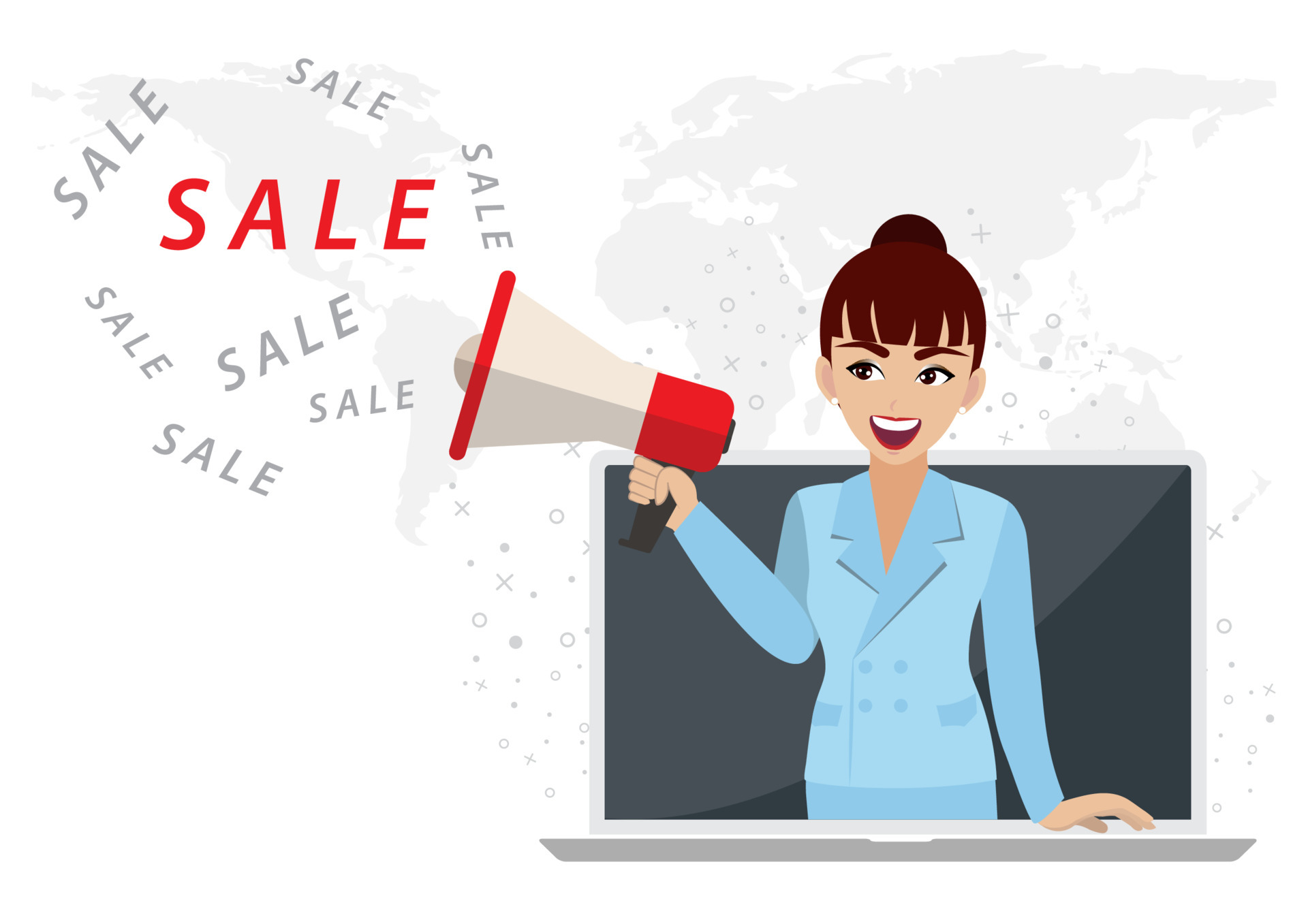 Woman with megaphone or loudspeaker promoting sale in laptop. Online market  concept with cartoon character or flat icon design vector 5273087 Vector  Art at Vecteezy