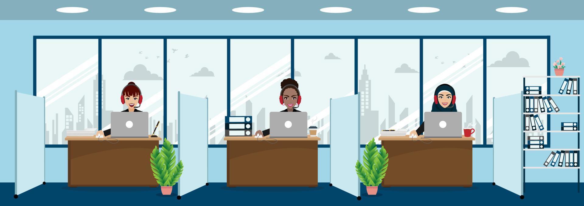 Group of call center, customer support, help desk or service concept. Different nationalities people. Cartoon character or flat design vector
