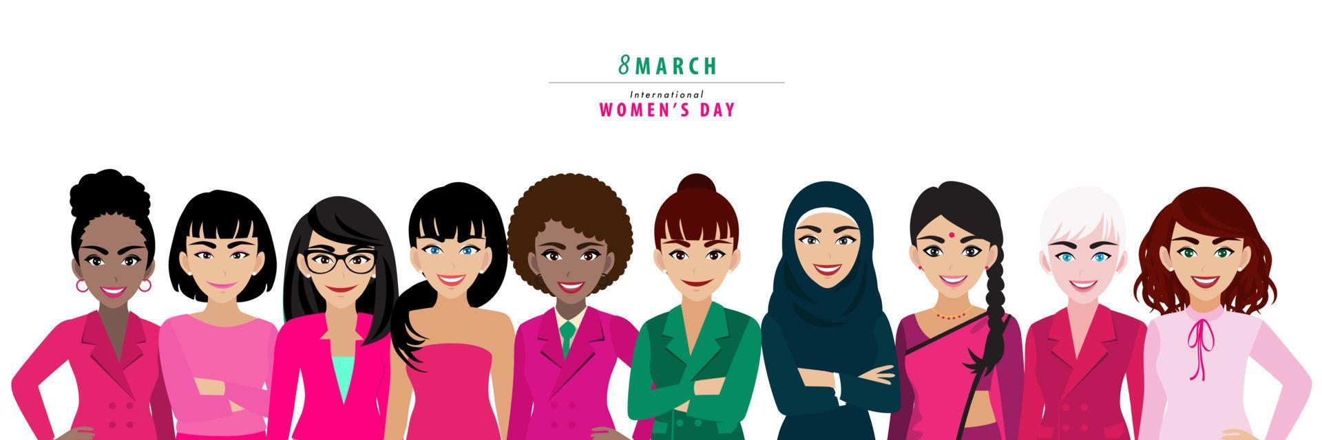 International Women's Day. Vector template with for card, poster, flyer and other. Different nationalities and dress styles standing together. Cartoon character or flat design vector