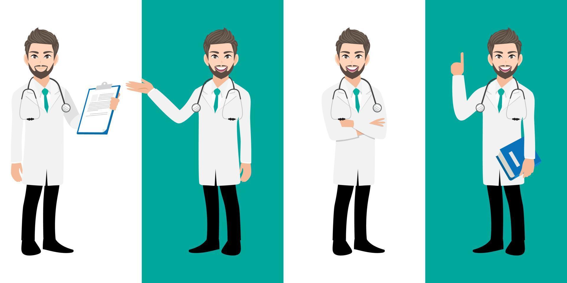 conjunto de personajes de dibujos animados de médicos masculinos, médico del mismo hombre en diferentes poses, trabajador médico o personal del hospital. médico icono plano de dibujos animados en un vector de fondo blanco y verde