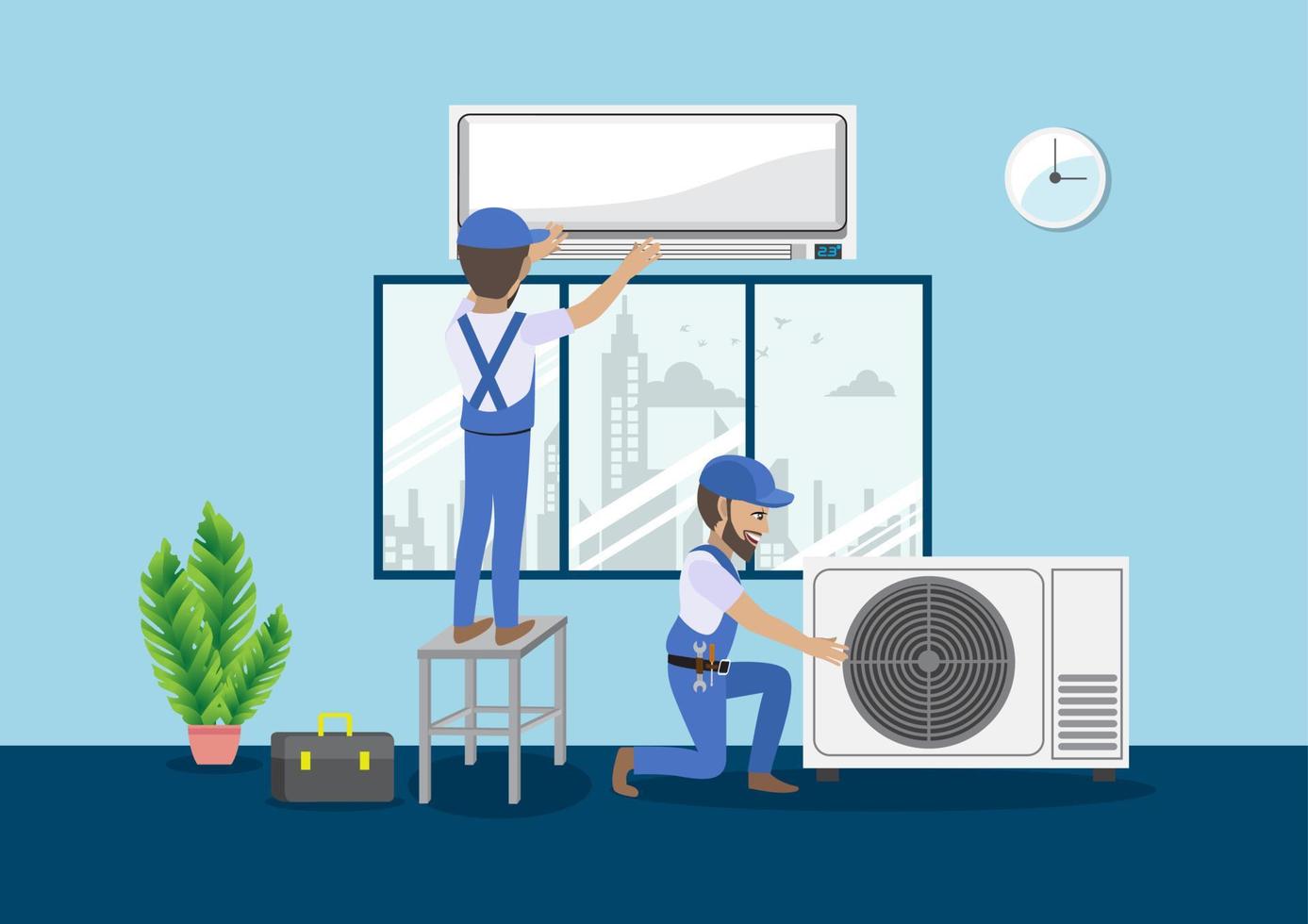 Technician repairing split air conditioner on a blue wall. Construction building industry, new home, construction interior. Cartoon character vector illustration