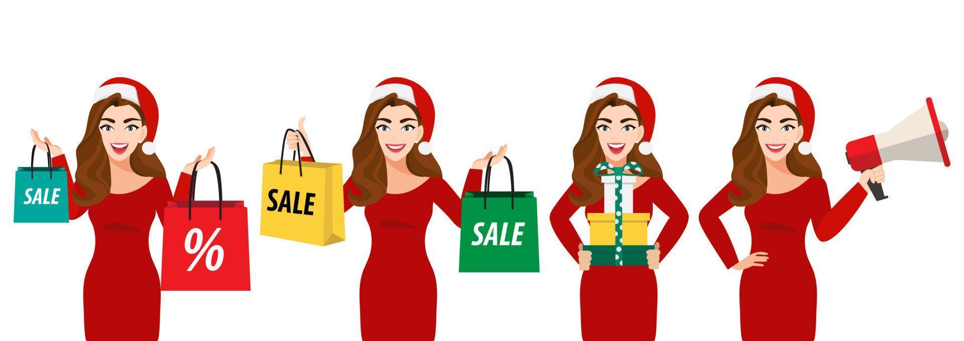 Surprised christmas beautiful woman in santa hat with shopping bag, gift box and megaphone on white background vector