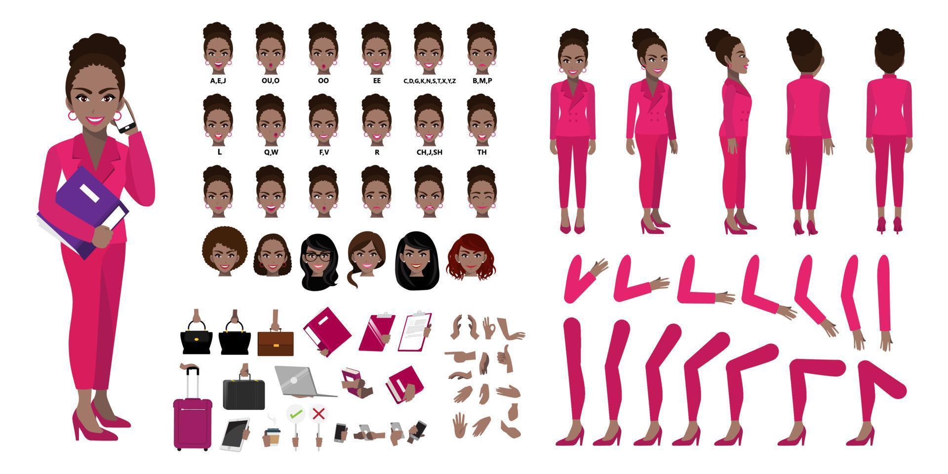 African American Businesswoman cartoon character creation set with various views, hairstyles, face emotions, lip sync and poses. Parts of body template for design work and animation. vector