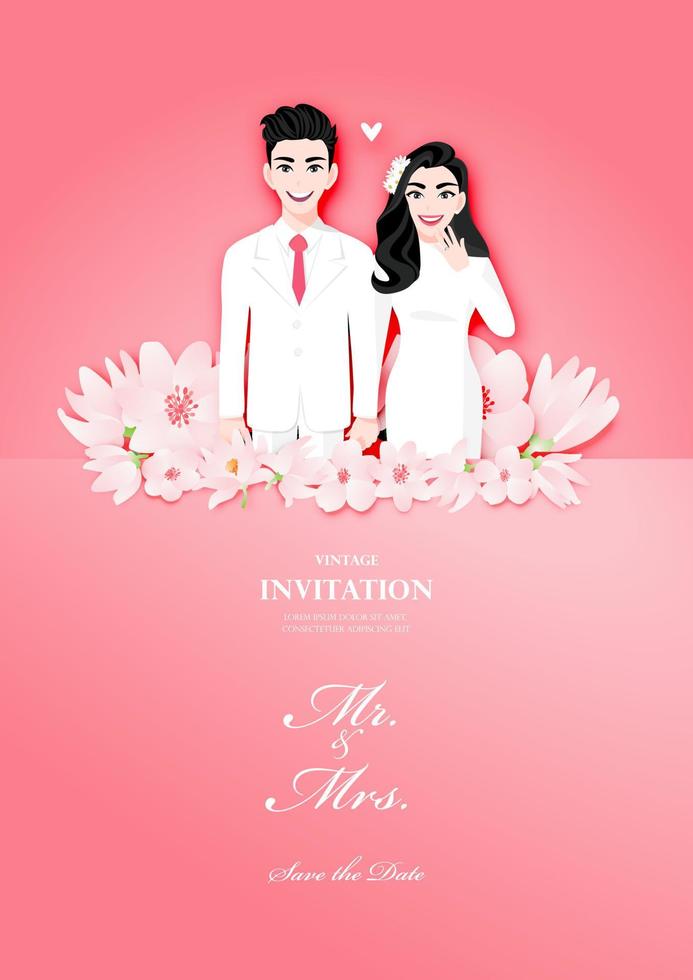 pareja de amor el día de la boda en un fondo de flores rosas. personaje de dibujos animados del día de san valentín o vector de diseño de tarjeta de boda de invitación