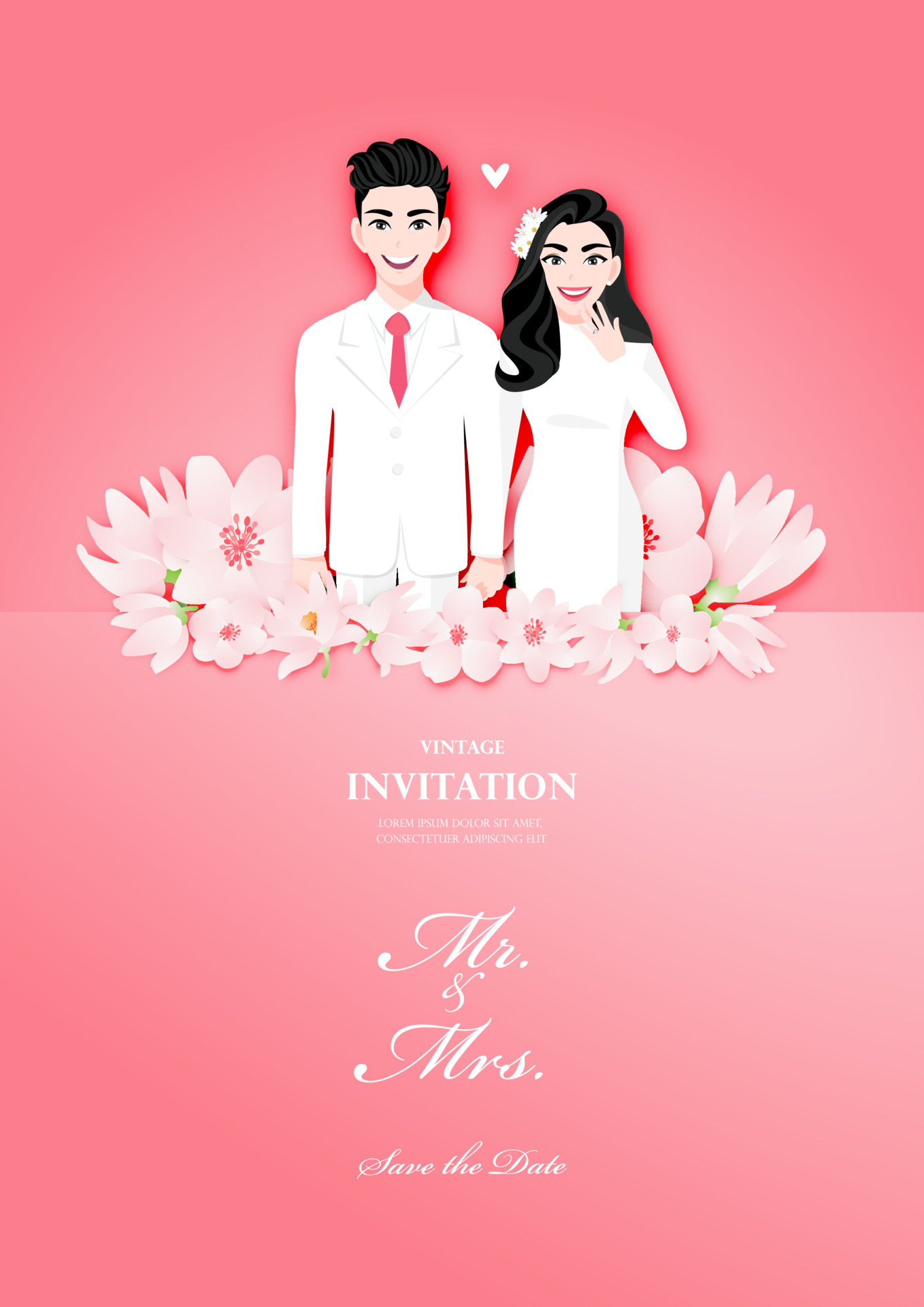 Love couple on wedding day in pink flower background. Valentine's Day  cartoon character or invitation wedding card design vector 5273102 Vector  Art at Vecteezy