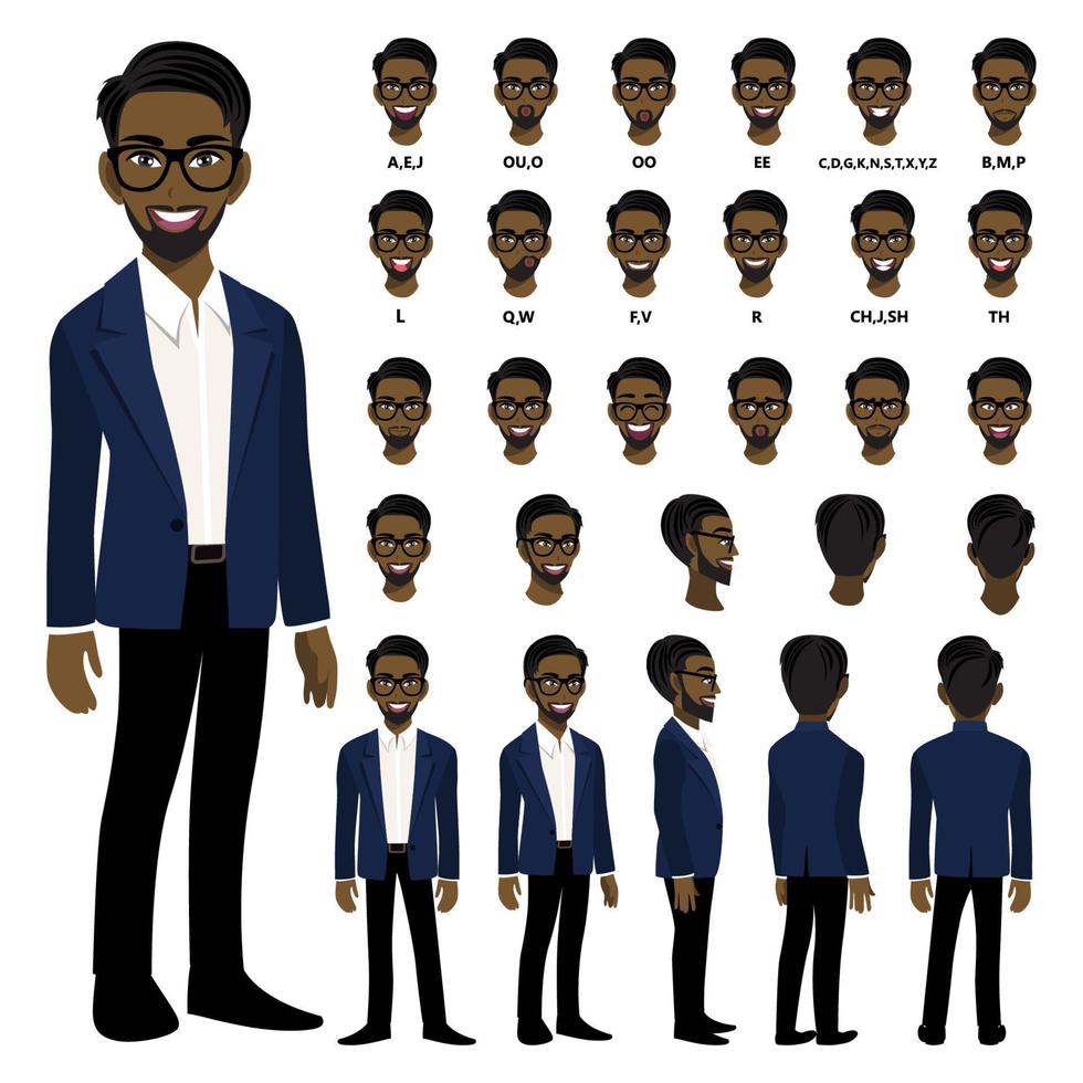 Cartoon character with African American business man in smart suit for animation. Front, side, back, 3-4 view character. Separate parts of body. Flat vector illustration.