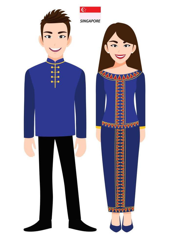 Couple of cartoon characters in Singapore traditional costume vector