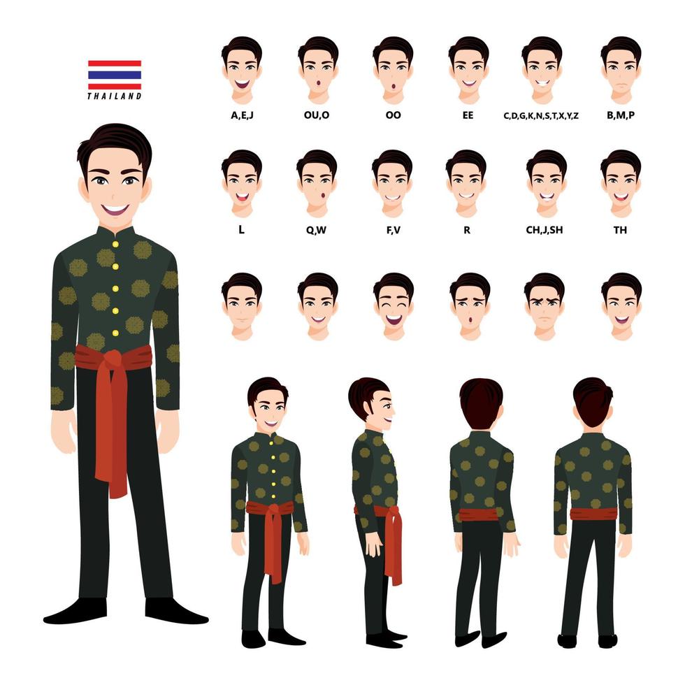 Thailand's male in traditional costume for animation. Front, side, back, 3-4 view character, lip sync and poses. Cartoon character flat vector