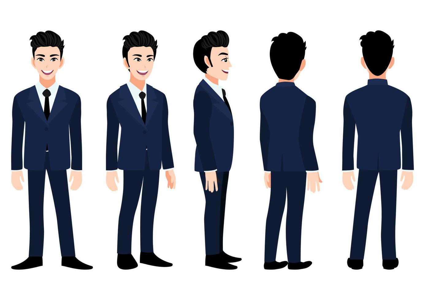 Cartoon character with business man in a blue suit for animation. Front, side, back, 3-4 view animated character. Flat vector illustration.
