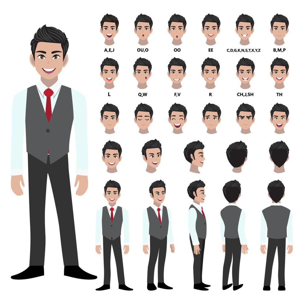 Cartoon character with business man in smart shirt and waistcoat for animation. Front, side, back, 3-4 view character. Separate parts of body. Flat vector illustration.