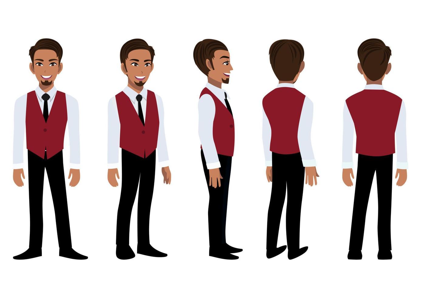 personaje de dibujos animados de hombre de negocios con una camisa inteligente y chaleco para animación. carácter de vista frontal, lateral, posterior, 3-4. vector de diseño de icono plano