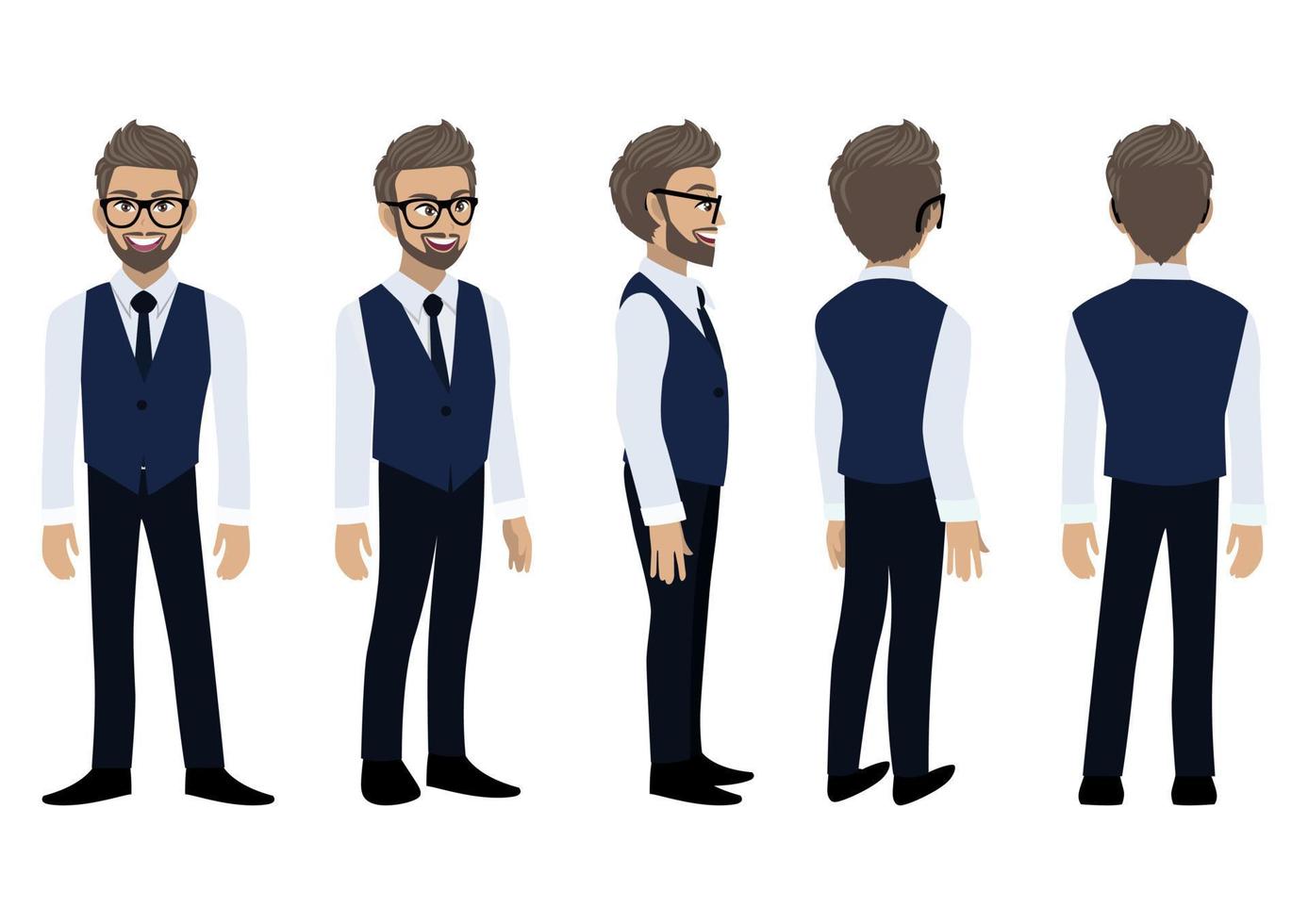 personaje de dibujos animados de hombre de negocios con una camisa inteligente y chaleco para animación. carácter de vista frontal, lateral, posterior, 3-4. vector de diseño de icono plano